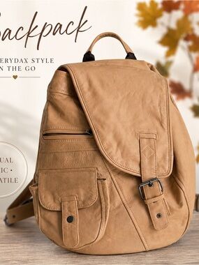 Tan Leather Backpack Drawstring Flap Buckle Boho Vintage Style
